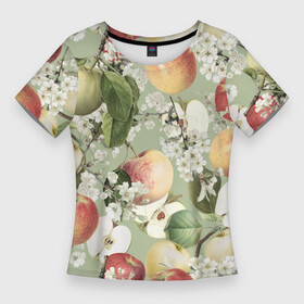 Женская футболка 3D Slim с принтом Яблочный Сад ,  |  | apples | flowers | garden | summer | лето | сад | цветы | яблоки