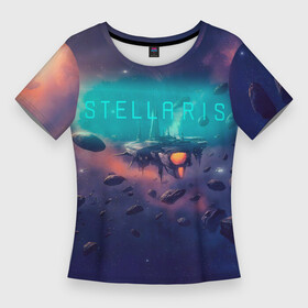 Женская футболка 3D Slim с принтом Stellaris космический корабль на фоне астероидов ,  |  | paradox development studio | paradox interactive | stellaris | галактика | космический корабль | космос | расы | стратегия