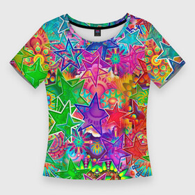 Женская футболка 3D Slim с принтом COLOR STARFALL ,  |  | Тематика изображения на принте: абстракция | желтый | звездопад | звезды | космос | красиво | минимализм | узор | фиолетовый | фон | цвета