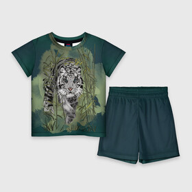 Детский костюм с шортами 3D с принтом Крадущийся белый тигр символ года ,  |  | Тематика изображения на принте: 2022 | амурский тигр | белый тигр | голубоглазый тигр | животное | животное года | зеленый | китайский гороскоп | на зелёном фоне | серый тигр | символ года | тигр