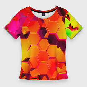 Женская футболка 3D Slim с принтом НЕОНОВЫЕ ГРАДИЕНТНЫЕ 3D гексаэдры ,  |  | 3d | 3d неон | 3д | 3д неон | 3д неон желтый | 3д неон оранжевый | броня | желтые принты | киберброня | киберпанк | киберпанк броня | красочные принты | латние принты | неон | неоновые принты
