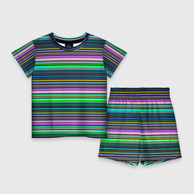 Детский костюм с шортами 3D с принтом Яркие неоновые тонкие полосы ,  |  | neon stripes | stripes | в полоску | неоновые полосы | полосатый узор