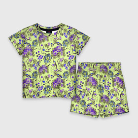 Детский костюм с шортами 3D с принтом Фиолетовые цветы на зеленом фоне ,  |  | Тематика изображения на принте: floral pattern | green | зеленый | фиолетовый | цветочный узор