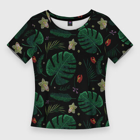 Женская футболка 3D Slim с принтом Тропические листья орхидеи цветы тропики эффект вышивки ,  |  | листья | орхидеи | тропики | тропические листья | тропические цветы | тропический | цветы | эффект вышивки