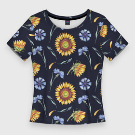 Женская футболка 3D Slim с принтом Подсолнухи и васильки на темном фоне ,  |  | Тематика изображения на принте: ботаника | василек | васильки | голубые цветы | желтые цветы | крупные цветы | подсолнух | подсолнухи | природа | разные цветы | растения | цветы