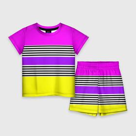 Детский костюм с шортами 3D с принтом Яркие неоновые полосы в сочетании с черно белыми полосками. ,  |  | neon stripes | stripes | желтый неоновый | неоноые полосы | полосаты узор | розовый неоновый