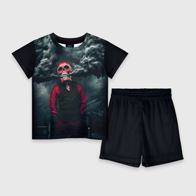 Детский костюм с шортами 3D с принтом Smoke  Дым  Skull ,  |  | city | skull | smoke | город | дым | дымовушка | маска черепа | облака дыма | облако дыма | темнота | человек | череп