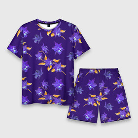 Мужской костюм с шортами 3D с принтом Цветы Фиолетовые Ирисы На Синем Фоне ,  |  | flowers | букет | ирисы | природа | растение | синий | фиолетовый | флора | цветы