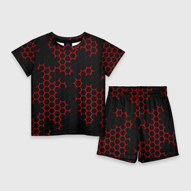 Детский костюм с шортами 3D с принтом НАНОКОСТЮМ  Black and Red Hexagon  Гексагоны ,  |  | abstract | black and red hexagon | carbon | hexagon | nano | nanosuit | абстракция | броня | гексагон | гексагон фон | гексагоны | карбон | корбон | нано | нанокостюм | нанокостюм из crysis | шестиугольники