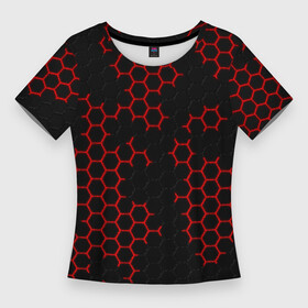 Женская футболка 3D Slim с принтом НАНОКОСТЮМ  Black and Red Hexagon  Гексагоны ,  |  | abstract | black and red hexagon | carbon | hexagon | nano | nanosuit | абстракция | броня | гексагон | гексагон фон | гексагоны | карбон | корбон | нано | нанокостюм | нанокостюм из crysis | шестиугольники