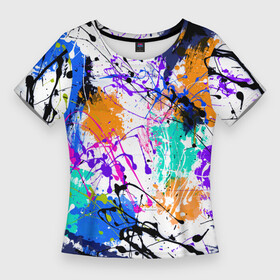 Женская футболка 3D Slim с принтом Брызги и мазки разноцветных красок на белом фоне ,  |  | paints | splatter | stains | абстракция | брызги | краски | красочные пятна | пятна | разноцветные пятна
