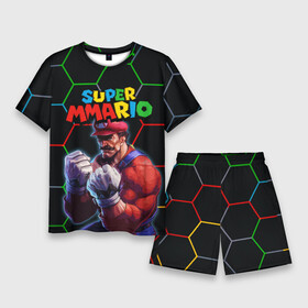 Мужской костюм с шортами 3D с принтом ММАРИО  ММА  Супер Марио  Super Mario ,  |  | 8 бит | mario | mma | super mario | бои без правил | гексагоны | денди | игра марио | качок | луиджи | мма | ммарио | надпись марио | нинтендо | сега | супер марио | супер ммарио | шестиугольники