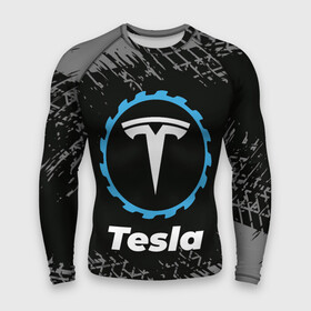 Мужской рашгард 3D с принтом Tesla в стиле Top Gear со следами шин на фоне ,  |  | Тематика изображения на принте: auto | brand | gear | logo | symbol | tesla | top | авто | бренд | гир | илон | лого | маск | символ | следы | тесла | топ | шин | шины