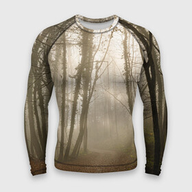 Мужской рашгард 3D с принтом Туманный лес на восходе ,  |  | Тематика изображения на принте: fog | forest | morning | sun | восход | лес | солнце | туман | утро