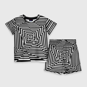 Детский костюм с шортами 3D с принтом Broken Square ,  |  | Тематика изображения на принте: иллюзия | иллюзия линии | квадрат | квадраты | психоделика | черно   белое