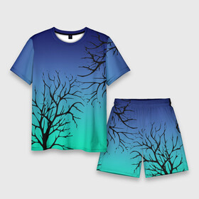Мужской костюм с шортами 3D с принтом Черные абстрактные ветки деревьев на сине зеленом градиенте ,  |  | Тематика изображения на принте: abstraction | blue green | gradient | абстракция | ветки | ветки деревьев | градиент | зеленый | синий