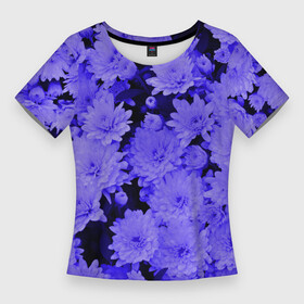 Женская футболка 3D Slim с принтом Хризантемы  Сhrysanthemums ,  |  | blue | flower | flowers | plant | purple | весна | лепестки | летний | летняя | лето | листья | на каждый день | на лето | осень | поле | растение | сиреневый | фиолетовые цветы | фиолетовый цветок | флора | цветок
