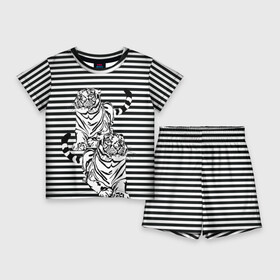 Детский костюм с шортами 3D с принтом Боевой тигр ,  |  | вмф | иллюзия | опасный | полосы | тельник | тельняшка | тигр | тигры