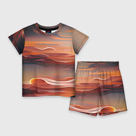 Детский костюм с шортами 3D с принтом Буря в пустыне ,  |  | abstraction | bright | dark | desert | horizon | light | nature | sun | sunset | абстракция | горизонт | закат | пейзаж | природа | пустыня | свет | солнце | темная