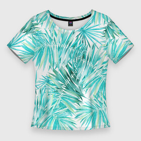 Женская футболка 3D Slim с принтом Листья Пальмы Нарисованные Акварелью ,  |  | jungles | palm | palm tree | summer | акварель | букет | деревья | джунгли | лето | листья | пальма | природа | растение | флора