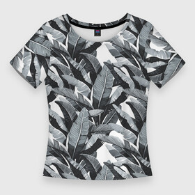 Женская футболка 3D Slim с принтом Чёрно белые Листья Пальм ,  |  | jungles | palm | palm tree | summer | акварель | белый | букет | деревья | джунгли | лето | листья | пальма | природа | растение | флора | чёрный