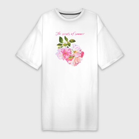Платье-футболка хлопок с принтом Ароматы лета розовые розы лето ,  |  | rose | roses | аромат лета | ботаника | лето | роза | розовые розы | розовые цветы | розы | цветочный | цветы