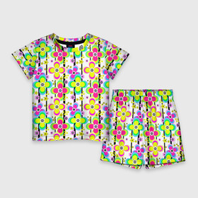 Детский костюм с шортами 3D с принтом Цветочный ретро узор в неоновых тонах ,  |  | flowers | multicolored | neon | strip | неоновый узор | ретро | цветочный паттерн | цветы