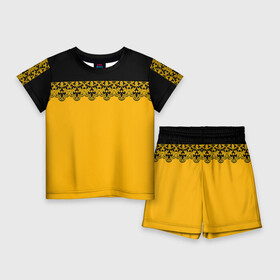 Детский костюм с шортами 3D с принтом Черное кружево на желтом фоне ,  |  | black lace | lace | желтый | кружева | черное кружево | черный и желтый