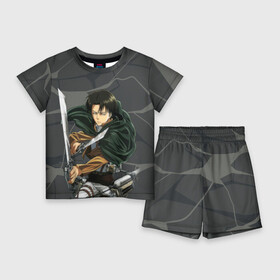 Детский костюм с шортами 3D с принтом Леви Аккерман в бою ,  |  | Тематика изображения на принте: аниме | атака на титанов | атака титанов | капитан леви | леви аккерман | разведкорпус