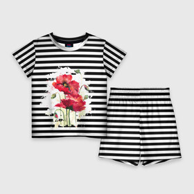 Детский костюм с шортами 3D с принтом Red poppies Акварельные цветы ,  |  | poppies | red poppies | watercolor | акварель | красные маки | маки | полосатый | черно белые полосы