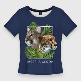 Женская футболка 3D Slim с принтом Messi  Gerda ,  |  | гепард | герда | квадрат | кошки | листья | месси | надпись | папоротник | пума