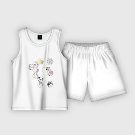 Детская пижама с шортами хлопок с принтом Кусочки лета ,  |  | Тематика изображения на принте: ботаника | ботанический | летний | лето | мозаика | пазл | растения | фламинго | цветочный | цветы