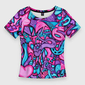 Женская футболка 3D Slim с принтом яркая абстракция голубой и розовый фон ,  |  | Тематика изображения на принте: abstraction | blue | bright | graffiti | heart | pencil drawing | pink | purple | skull | star | turquoise | абстракция | бирюзовый | граффити | звезда | рисунок карандашом | розовый | сердце | фиолетовый | череп | яркий