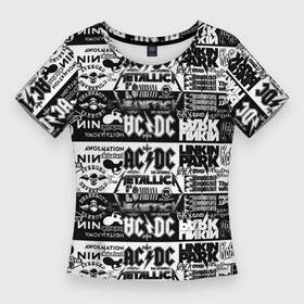Женская футболка 3D Slim с принтом THE TEXTURE OF LEGENDARY ROCK BANDS ,  |  | ac dc | linkin park | metallica | nirvana | группы | музыкальная | популярные | рок