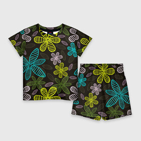 Детский костюм с шортами 3D с принтом MULTICOLORED TRANSPARENT FLOWERS ,  |  | ботанический | желтый | зеленый | красивый | растение | розовый | синий | узор | цветочный