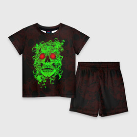Детский костюм с шортами 3D с принтом ужасный череп ,  |  | Тематика изображения на принте: зеленый череп | панк | пираты | рок | скелет | череп