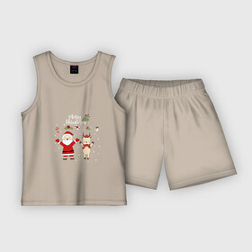 Детская пижама с шортами хлопок с принтом SANTA CLAUS WITH A DEER ,  |  | дед мороз | олень | подарки | праздник | снег | снежинки