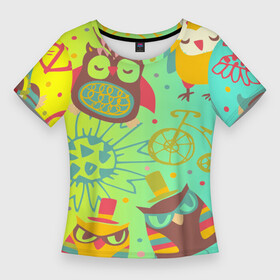 Женская футболка 3D Slim с принтом Весёлые совы ,  |  | велосипед | градиент | желтый | зеленый | оранжевый | очки | перо | принт | сердце | сова | цветок | часы