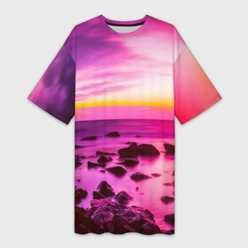 Платье-футболка 3D с принтом Just a sunset ,  |  | Тематика изображения на принте: вечер | горизонт | закат | камни | небо | озеро | пейзаж