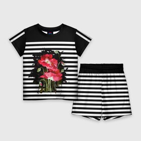 Детский костюм с шортами 3D с принтом Акварельные красные маки на черно белом полосатом фоне ,  |  | flowers | watercolor | watercolor poppies | акварель | акварельные маки | маки | полосы | черно белый