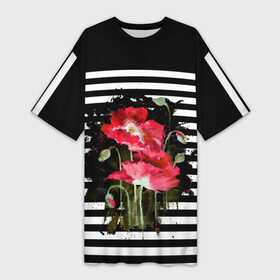 Платье-футболка 3D с принтом Акварельные красные маки на черно белом полосатом фоне ,  |  | flowers | watercolor | watercolor poppies | акварель | акварельные маки | маки | полосы | черно белый
