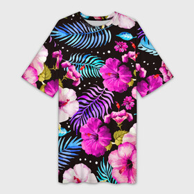 Платье-футболка 3D с принтом Floral pattern  Summer night  Fashion trend ,  |  | fashion | flowers | night | pattern | summer | trend | лето | мода | ночь | паттерн | тренд | цветы