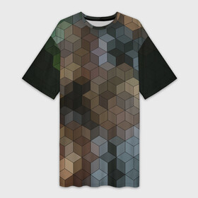 Платье-футболка 3D с принтом Геометрический 3D узор в серых и коричневых тонах ,  |  | 3d | brown | geometric | gray | trendy | геометрический узор | кубический | объемный
