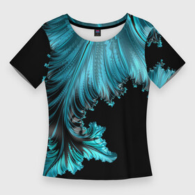 Женская футболка 3D Slim с принтом Черный с голубым неоновый фрактал  Ледяная абстракция ,  |  | абстракция | геометрия | зимний | ледяной | неон | фрактал | холодный | черный