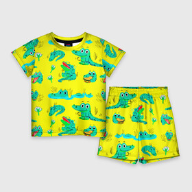 Детский костюм с шортами 3D с принтом GREEN CROCODILES ,  |  | Тематика изображения на принте: аллигатор | дикая природа | желтый | животное | забавный | зеленый | крокодил | милый