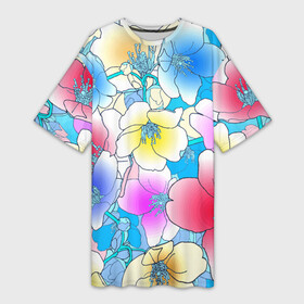 Платье-футболка 3D с принтом Летний цветочный паттерн  Fashion trend 2025 ,  |  | color | fashion | flowers | neon | pattern | summer | лето | мода | неон | паттерн | цвет | цветы