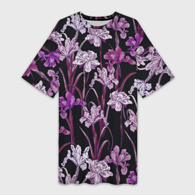 Платье-футболка 3D с принтом Цветы Фиолетовые Ирисы ,  |  | Тематика изображения на принте: flowers | summer | букет | ирисы | лето | природа | растение | фиолетовый | флора | цветы
