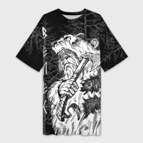 Платье-футболка 3D с принтом Велес славянский бог ,  |  | ancient russian | battle axe | bear | bestial god | deity | forest | pagan | veles | warrior | боевой топор | божество | велес | воин | древнерусский | лес | медведь | скотский бог | языческий