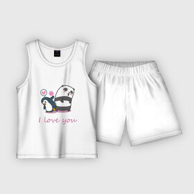 Детская пижама с шортами хлопок с принтом PENGUIN AND PANDA ,  |  | панда | пингвин | признание | сердечко | цветок | я люблю тебя