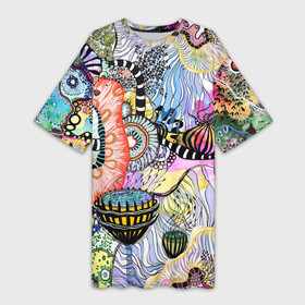 Платье-футболка 3D с принтом Подводный цветочно коралловый мир ,  |  | абстрактные цветы | акварельные цветы | бесшовный паттерн | бесшовный плательный | коралловый мир | кораллы | необычные цветы | подводный мир | фантазийные цветы | цветочный | цветочный патт